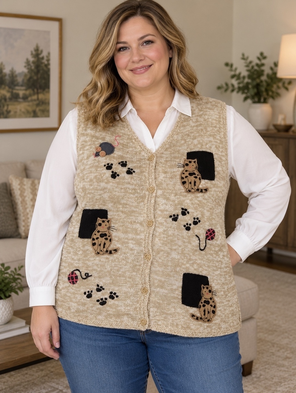 Christopher & Banks Embroidered Cat Sweater Vest XL